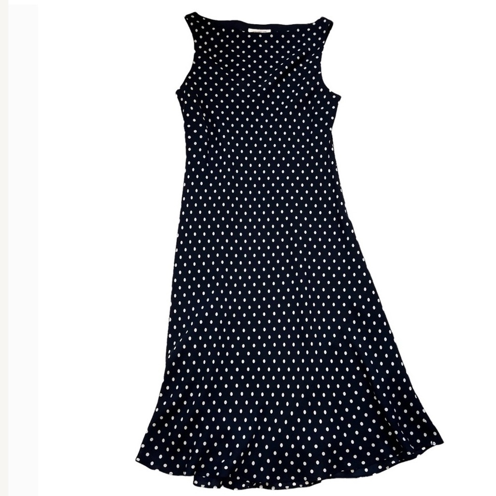 JONES NEW YORK COUNTRY Navy Blue & White Bias Cut Silk Polka Dot Dress 14